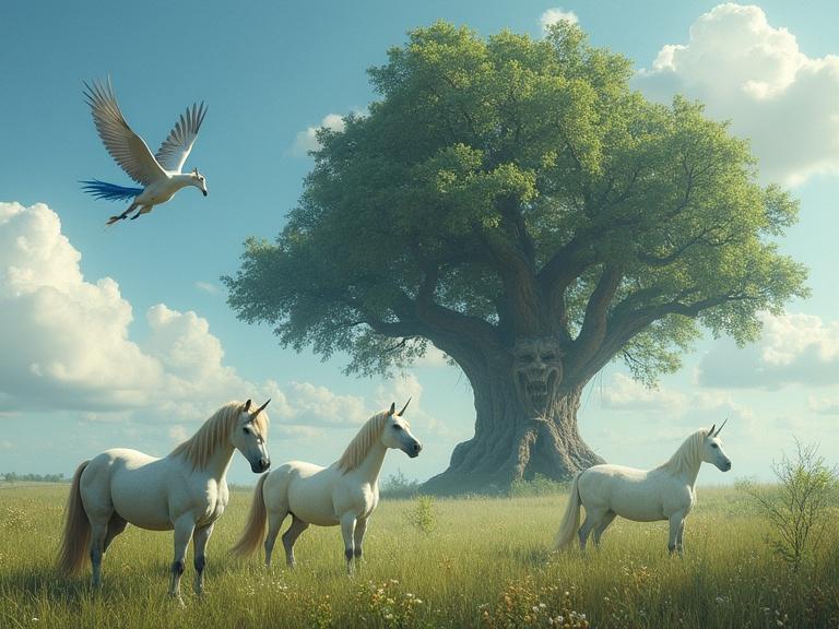 Two unicorns rest in a meadow. A blue phoenix flies in the sky. A large old tree with a face stands in the background. The scene is photorealistic.