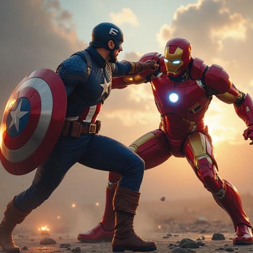 Captain America and Iron Man engaged in a battle. Captain America holds a shield. Iron Man is in a dynamic pose. The setting is dramatic with clouds in the background.