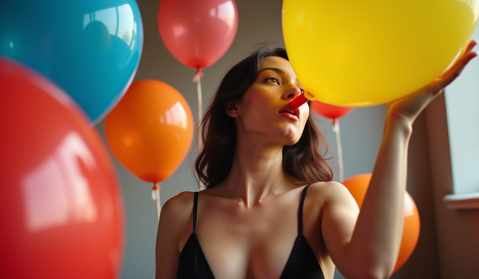 Brunette model in black bikini blowing air into big latex balloon. Oversized translucent balloons in red, blue, yellow scattered around. High detail, vibrant colors, realistic lighting, beautiful composition.