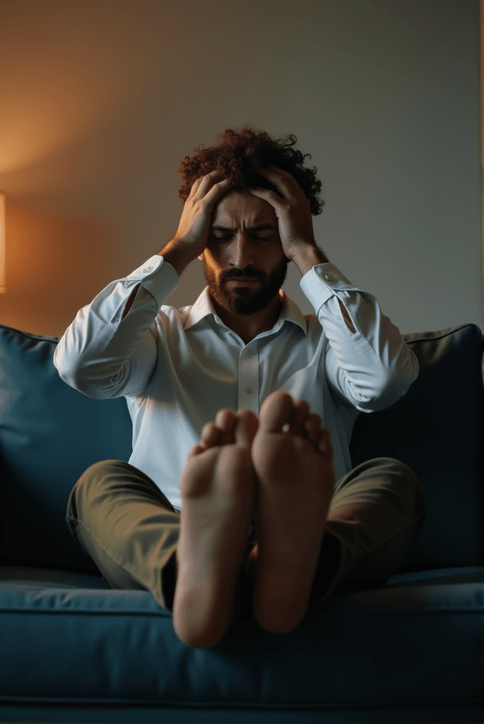 A man sits on a sofa holding his head, looking stressed or deep in thought.