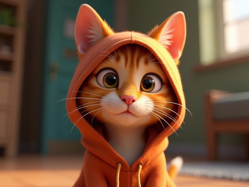 Close-up view of orange tabby cat wearing a hoodie. Cat staring blankly at camera. Cat has a deadpan expression. Soft shadows across the image. Centered composition with cat as main subject.
