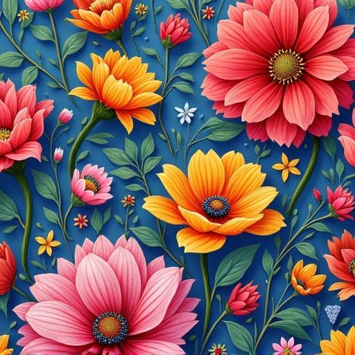 Colorful vibrant embroidered floral seamless pattern vector illustration with intricate details high resolution repeating design no visible seams.