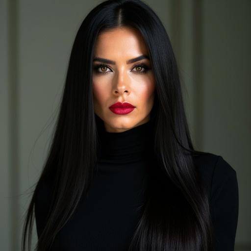 Mature woman with long smooth shiny black hair. Sophisticated makeup. Dark brown eyes with thick eyelashes. Bright red lipstick. Tall muscular body shape. Tight black top. Serious and confident look. Blurred background emphasizes expressive face. Captivating glamorous look.