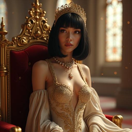 An elegant figure sits on a majestic throne in a grand medieval palace. The scene radiates a divine aura with an ethereal glow. The attire is goddess-inspired with a fitted gown and jewel embellishments. Soft ambient light and cinematic shadows create a mystical atmosphere. Details include ornate stone columns, stained glass windows, and a subtle fog.