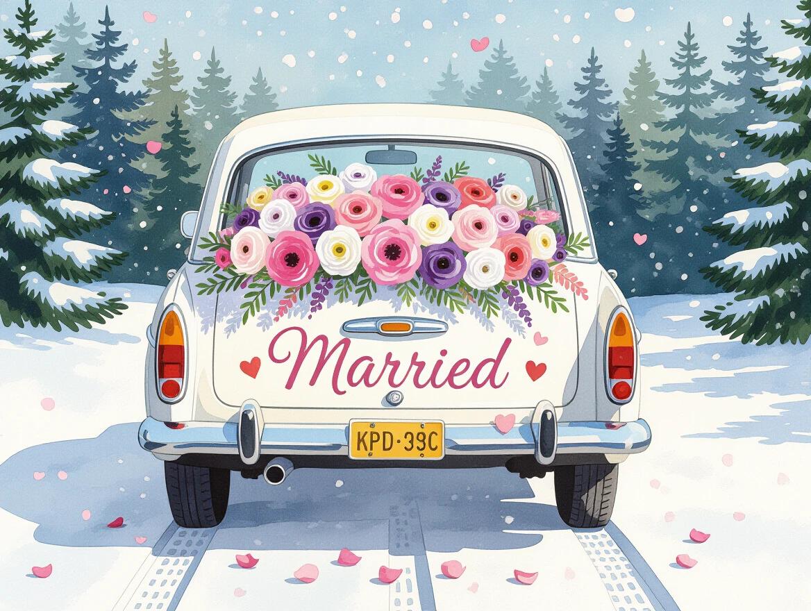Watercolor art features a classic car decorated with vibrant flowers and personalized letters on the back. The word 'Married' is displayed prominently with small hearts. The scene shows winter snow, pine trees, and scattered petals, creating a magical romantic atmosphere.