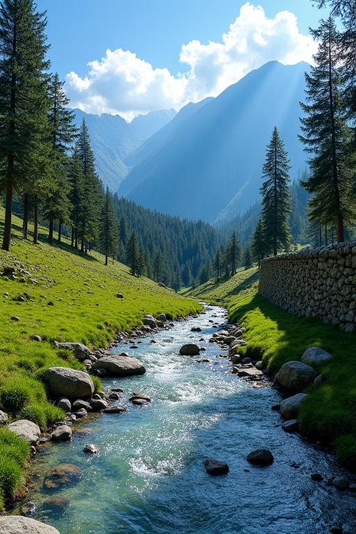 Breathtaking landscape in Himalayan valley during spring. Crystal-clear stream flowing gently through foreground. Light ripples and visible stones beneath water. Vibrant green grass and small rocks. Right side has natural stone wall made of weathered rocks. Towering pine trees form dense forest in midground. Majestic blue-tinted mountains in background. Soft mist partially veils mountains under vivid blue sky with scattered fluffy clouds. Bright natural lighting creates a tranquil and untouched atmosphere. Hyper-realistic, colorful, rich in contrast, resembling beauty of Kashmir or northern Pakistan.