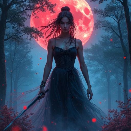 A strong female figure stands confidently with a sword. A blood-red moon illuminates the scene. She is in a dark, misty forest. The atmosphere feels dynamic and alive, with vibrant colors blending together. Elements of fantasy and gothic elegance are present, creating a captivating and mysterious setting.