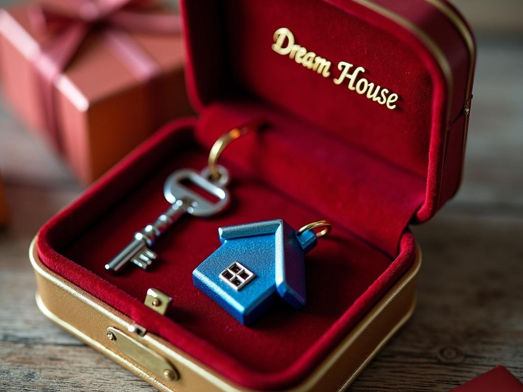 A realistic photo of a luxurious gift box featuring a key and a house keychain. The box is elegantly designed with a shiny exterior and a plush red velvet interior. The key is metallic and has a classic design, symbolizing new beginnings. The blue house keychain is shaped like a house and adds a colorful touch to the presentation. The words 'Dream House' are embossed in gold on the interior, enhancing the overall theme of this ideal gift. The scene is well-lit, highlighting the textures and details of the box, key, and keychain.