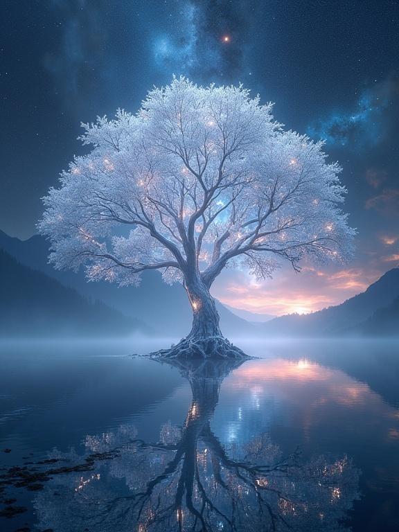 A wide shot of a colossal crystal tree growing from a mirror-like lake under a cosmic sky filled with nebulae and stars. The tree has shimmering, transparent branches and reflects beautifully in the lake. Dramatic lighting illuminates the scene, creating a tranquil and surreal atmosphere.