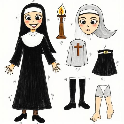 Childlike hand-drawn paper puppet sheet of a creepy nun. All parts separated and arranged on a single page for cutting and assembling. Style is naive and colorful with thick outlines. Include separated pieces like head, torso, arms, legs, and accessories. Nun wears traditional black habit with white wimple and has spooky smile. Background is plain white, each piece has tabs for attachment.