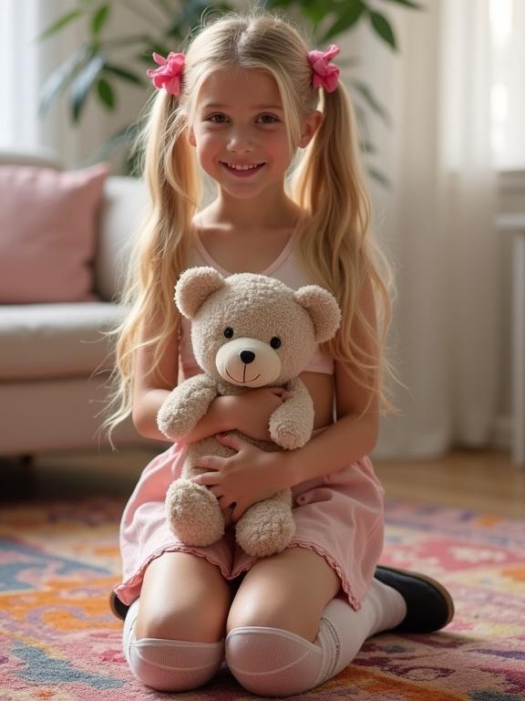 Girl with long blonde hair wearing pink bows kneeling on colorful rug in living room. She hugs teddy bear. Her outfit includes crop top, pale pink skirt, thigh-high socks, black shoes. She smiles playfully.