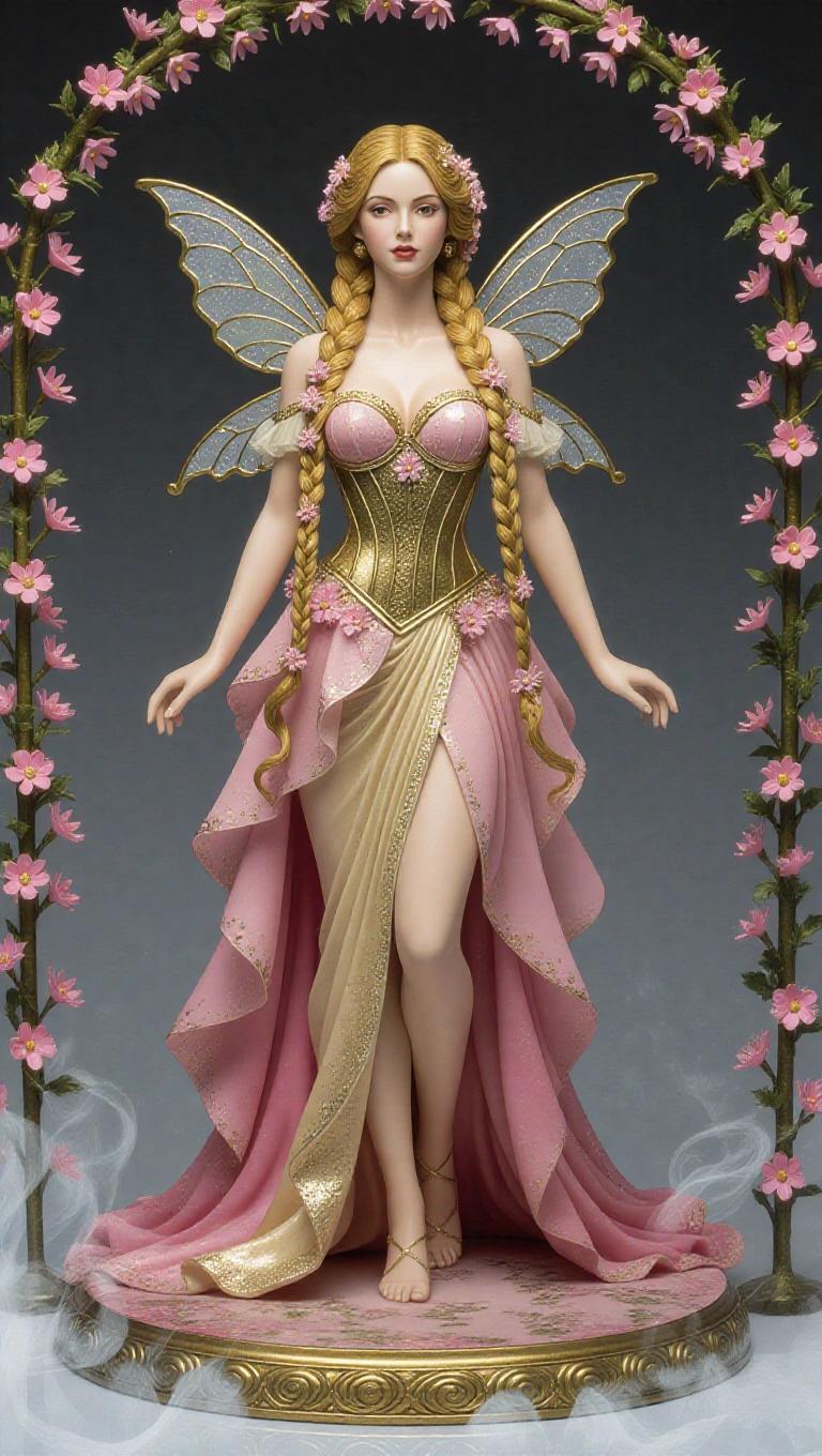 Resin statue inspired by Virgo sign. Woman has long golden hair with flowers in thick braid. Stands majestically in flowing pink and gold dress with metallic corset. Skirt has train moved by wind. Small fairy-like wings. Expression of peace and beauty. Base has sculpted flowers and magical mist.