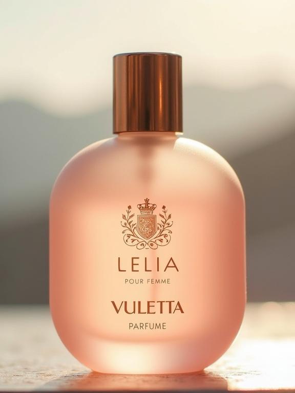 Frosted rose glass perfume bottle with rose gold cap and embossed emblem. Light rose hue liquid suggests freshness. Brand name ‘LELIA’ in rose gold typography. Below it, ‘Pour Femme’. Below that, brand name ‘VULETTA’ in bronze font, followed by ‘PARFUME’. Topped with antique gold cap. Soft-focus background of Adriatic sky. Clean and rustic elegance. Soft diffused light.