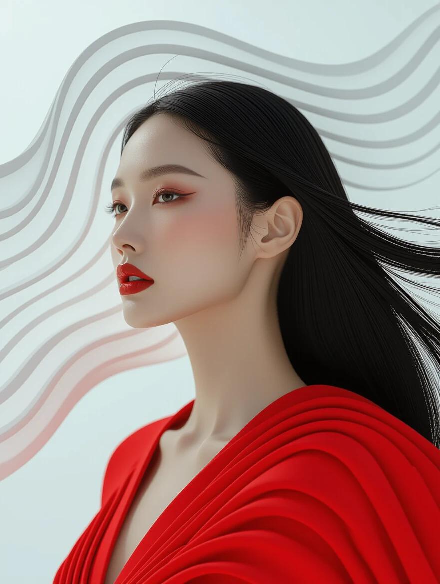 A woman with long hair wears a red dress resembling waves. The style blends realism with surreal elements. The image features futuristic chromatic waves and organic fluid shapes. The artwork shows heavy use of palette knives. It is inspired by Iris van Herpen. The overall feel is elegant and emotive, showcasing intricate details in a photoshoot setting.