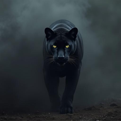 Black panther walks out of dense black smoke. The atmosphere is misty and dramatic. Magic and fantasy elements are present with particle effects enhancing the scene. The focus is sharp on the panther, blurring the background for depth effect.