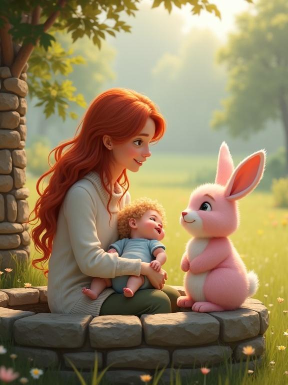 Heartwarming scene featuring a young woman with long red hair in a white sweater. She holds a baby with curly blonde hair in a light blue onesie. A large pink rabbit sits on the stone well, all three smiling warmly. Background shows grassy field with trees and soft sunlight. Convey happiness and connection.