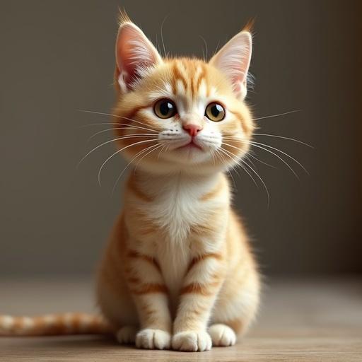 Cat has a tiny body but head is huge. The cat is orange with white stripes. Feline sits elegantly with a curious expression. The background is softly blurred.