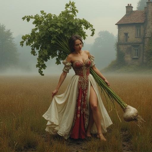 A seductive medieval woman in a richly detailed gown in a rustic European field. She is pulling a giant daikon radish from the earth. Her dress is slightly lifted revealing her legs. She grips the root with a teasing expression. The background includes misty forests, old stone cottages, and soft morning light. Hyper-detailed, realistic painting style with a medieval fantasy mood, slightly sensual and whimsical.