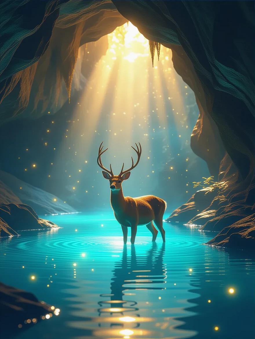 High-quality artistic photograph of an ethereal deer standing in an azure pond. Luminous fireflies surround it inside a cave. Golden light shines down from the cave entrance. The water has soft reflective qualities. The setting has a magical contrast of cool and warm tones. The composition is symmetrical and cinematic. The atmosphere is dreamlike and enchanting. Volumetric lighting enhances the scene.