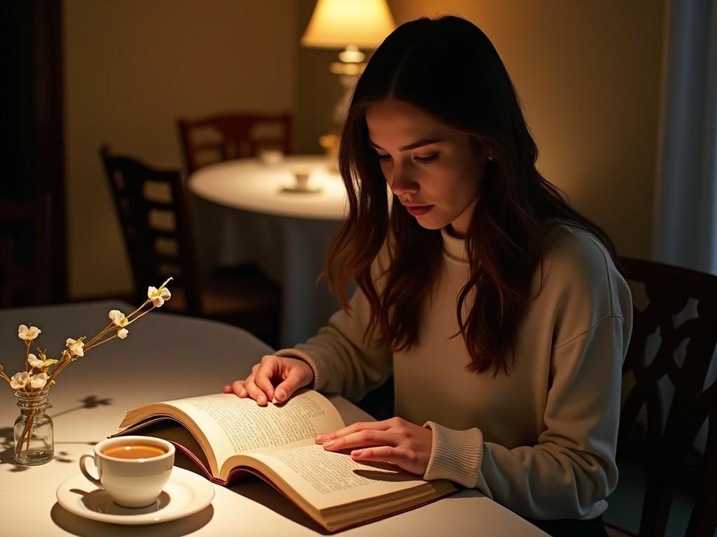 Imagine a person sitting at a dining table, absorbed in reading a book. The table is elegantly set with a few decorative items around it, creating a cozy atmosphere. Soft lighting highlights the person's focused expression, as they turn the pages with interest. Nearby, a cup of coffee adds to the inviting scene, complementing the serene ambiance. The overall setting conveys a sense of relaxation and enjoyment of literature.