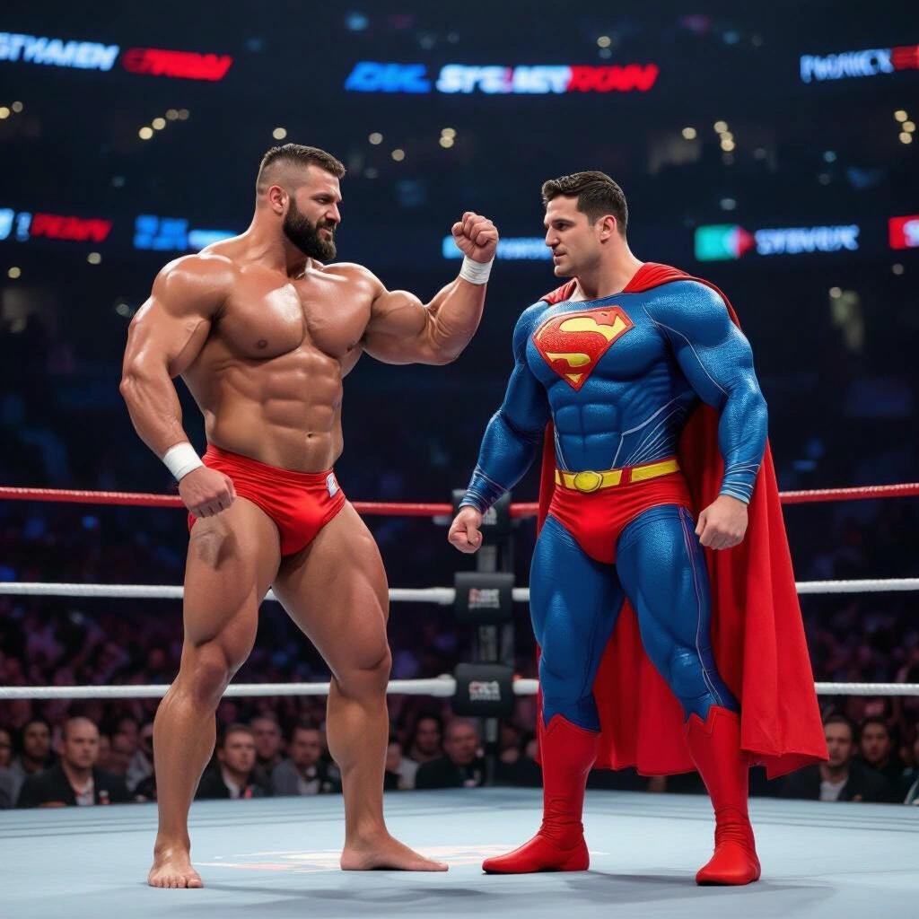 Powerlifter flexing in red briefs stands against Superman wearing a super suit. They are positioned in a wrestling ring before an audience.