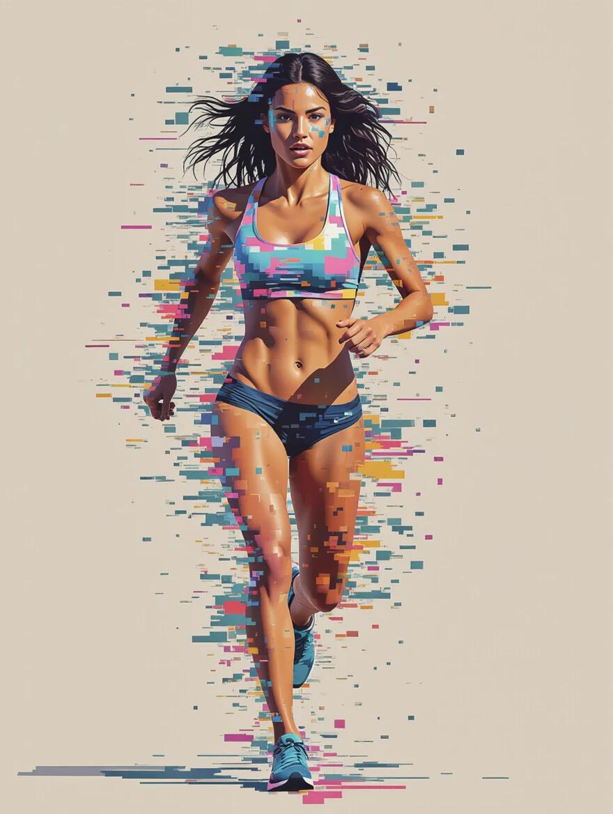 Nude abstract digital glitch full body portrait of a female running facing camera. Body fragmented into pixel blocks. Data moshing textures and colorful static. Experimental digital art in avant-garde style with surreal composition.