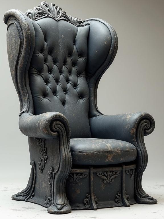 Large chair designed in HR Giger style. Concept piece for furniture. Illustration showing intricate details in a grey setting. Hyper-realistic digital art. Diagonal view of the chair.