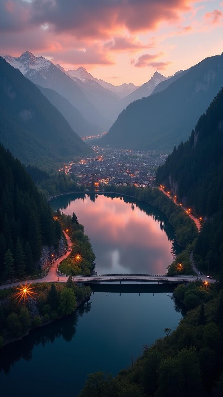 serene mountain valley at sunset with a reflective lake and quaint town, surrounded by lush forests and towering peaks