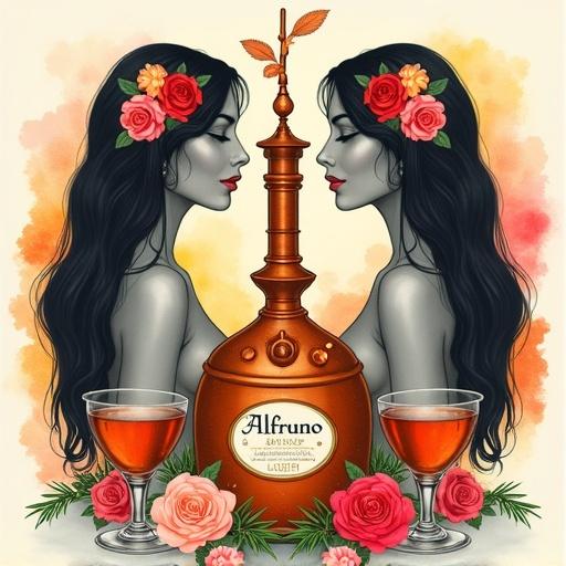 Illustration features two identical women in profile. Both women have flowing hair with flowers. Their skin is in grayscale. They face each other. The image shows a copper distillation apparatus in the center. Below it is a bottle of Alfruno liqueur with an elegant label. Two glasses filled with liqueur are beside the bottle. Colorful roses and rosemary sprigs surround the bottle. The background is a warm watercolor blend.