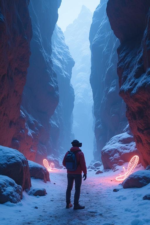 Person wearing VR goggles explores a narrow canyon. Snow covers the ground and walls. Glowing elements in the scene enhance the environment. Individual interacts with the digital space.
