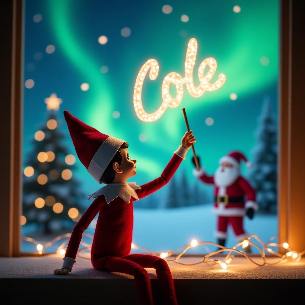 A cozy Christmas scene featuring an elf on the shelf with its back turned. The elf is facing the sky, using a wand to write the name 'Cole'. In the background, a magical display of northern lights paints the sky, while Santa Claus can be seen. Soft, warm lights surround the elf, enhancing the festive feel. The overall atmosphere is whimsical and inviting, perfect for the holiday season. This charming image captures the imagination and joy associated with Christmas traditions.