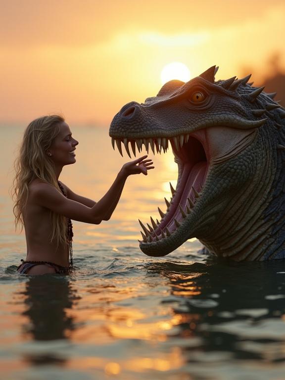 A tribal blonde young woman in a loincloth interacts playfully with a huge aquatic monster. The girl laughs while petting the creature's long reptile tongue. The scene is lit by a warm sunset, with gentle ripples in the water creating a dreamy mood.