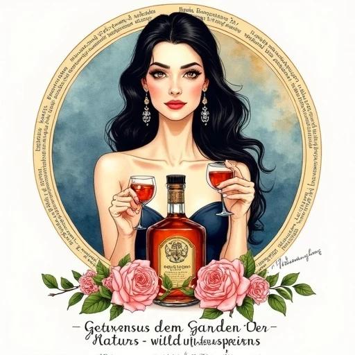 An ink and watercolor illustration features a central female figure with long dark hair holding two glasses with amber herbal liqueur. She has striking features adorned with dangling earrings and bare shoulders. The blue and orange circular background has a decorative border. An apothecary-style bottle labeled 'Alfruno' is in front of her surrounded by pink roses and green foliage. The text below reads 'Genuss aus dem Garten der Natur - wild und besonders.' The composition is symmetrical and emphasizes elegance and luxury.