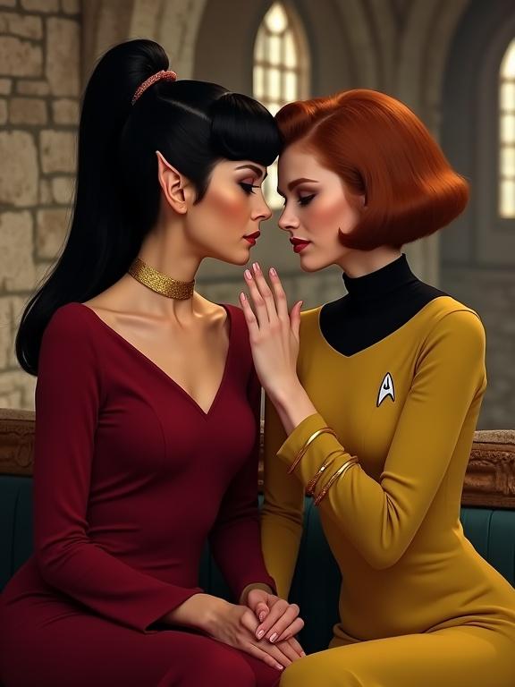 Photograph resembling the Star Trek franchise. Two women share an intimate moment in a dimly lit medieval-style interior with stone walls. Left woman is a Vulcan in a red gown and gold choker. Right woman in a yellow dress with a black collar. Their hands touch each other's faces. Warm lighting creates a soft atmosphere. Background is slightly out of focus, enhancing character focus.