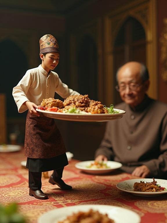 A miniature waiter dressed in traditional Padang attire struggles to carry a large tray of food across a giant table. A giant man observes with curiosity. The setting highlights cultural dining customs and humor in size contrast.