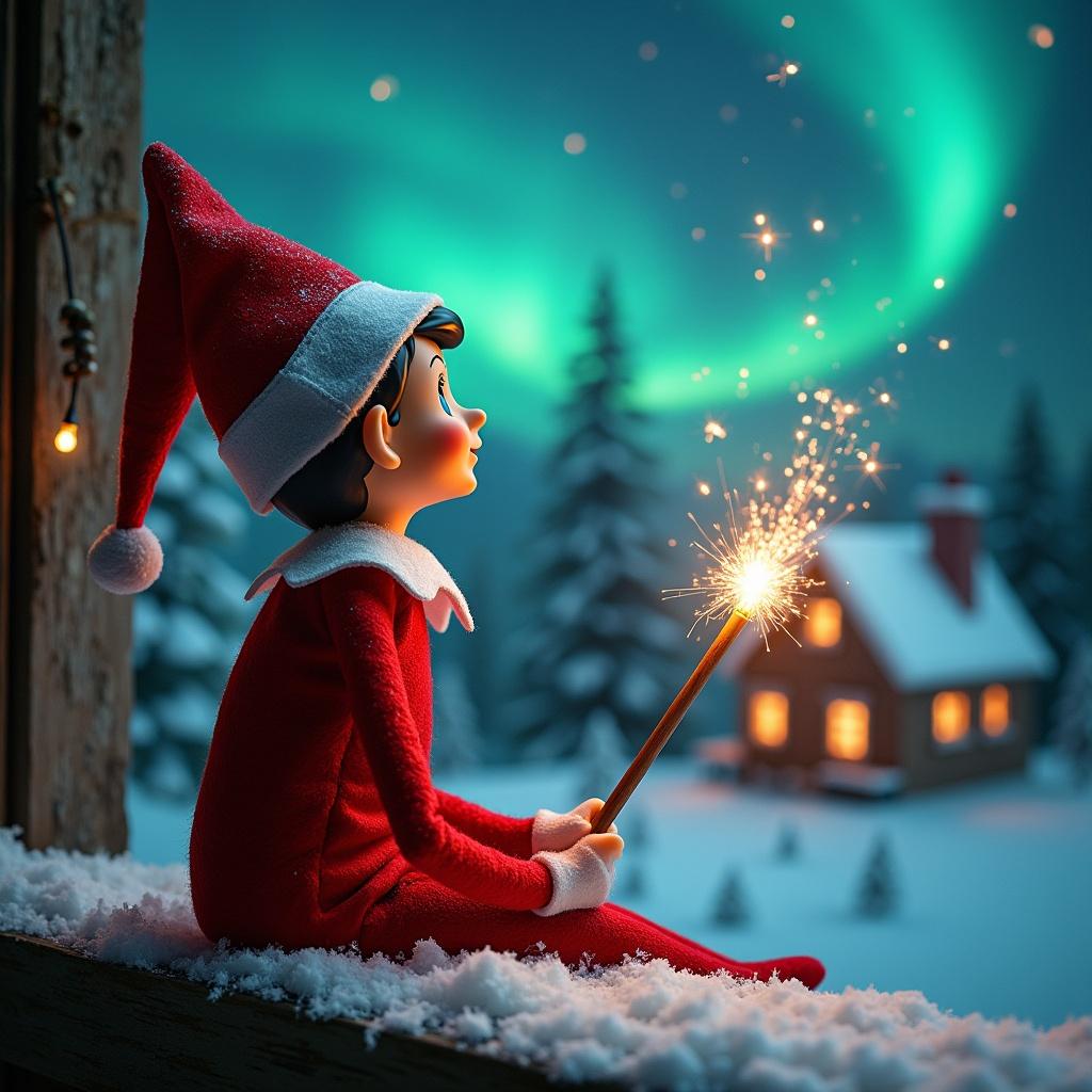 An elf figures sits with back to viewer. The elf gazes upward while holding a glowing wand. Colorful northern lights fill the sky. A cozy house is visible in the background. Snow covers the ground. The scene embodies the magic of Christmas. The names Madison and Landon appear from the wand.