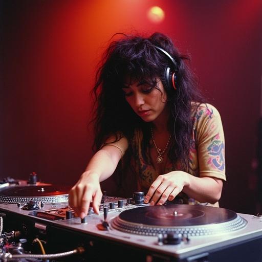 female DJ performing at turntables. DJ showcasing skills and fast-paced turntable tricks. Heart of an intense live DJ competition. Vibrant atmosphere filled with energy. Captured in a moment of dynamic performance. 1992 DJ championship.