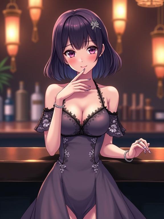 High-quality anime illustration of an adult woman. She has a graceful expression and large purple eyes. Dark violet bob cut hair with a silver kanzasi. Subtle smile with hand on chin showing jewelry. Wearing a purplish-gray dress with lace details and floral accents. Front-facing in front of a bar with a luxurious background. Dim lighting creates a warm, elegant mood. Vertical image.