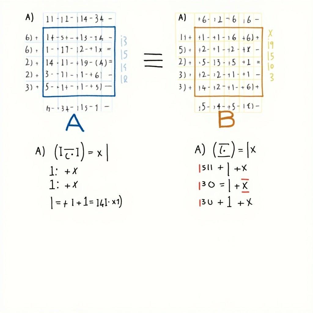 Colorful educational layout includes two matrices labeled A and B. Various operations and equations are outlined. Main equation highlights equality. Surrounding symbols and texts show numerical representations and operational notations relevant to linear algebra. This image is a practical reference for students and educators in mathematics.