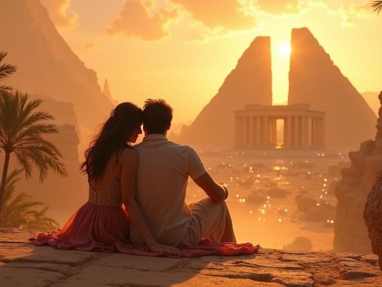 Affectionate moment between lovers sitting by ruins. Soft desert breeze and magical sparkles in the air. Disney fantasy art style at sunset.