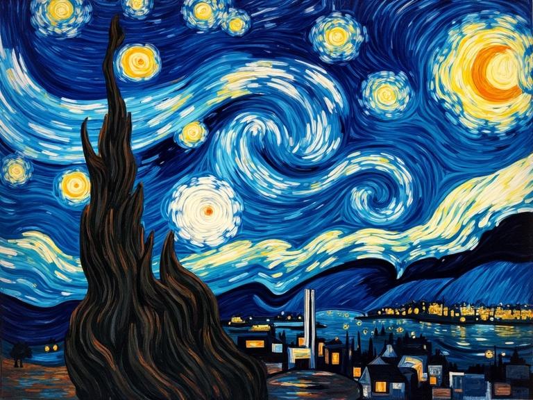 Van Gogh inspired Post-Impressionist portrait featuring a swirling starry night sky. Vibrant expressive textures and colors. Cosmic inspired trees in the foreground. Town visible at night.