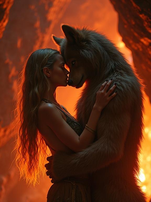 Close-up shot of a warrior girl and a werewolf in a lava cave. The girl has flowing gold hair and a tattered loincloth. They are in an embrace, eyes locked in affection. The cave is lit by glowing lava, creating warm tones and flickering shadows on the stone walls.
