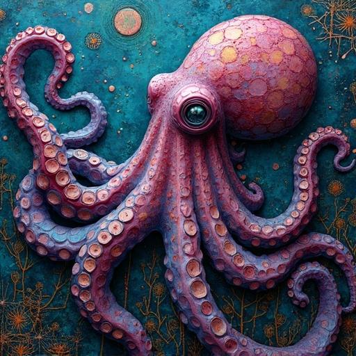 3D iridescent ceramic tile and glass mosaic. Hyper-detailed octopus with intricate textures. Encaustic wax style under a moonlit theme.