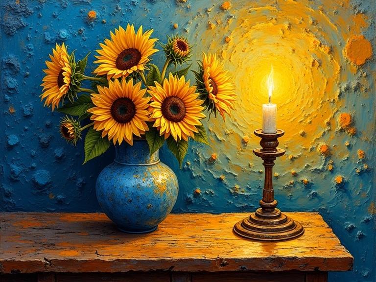 A still life with sunflowers in a blue vase and a candle on a rustic wooden table. Background shows bold textured wall with swirling patterns. Candlelight casts shadows and highlights textures.