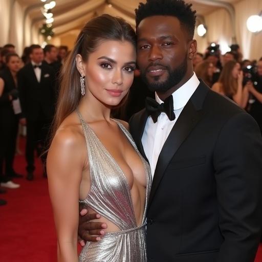 Gorgeous couple at an awards show. She wears a silver split-style dress with impressive cleavage. Photorealistic image showcasing glamour.