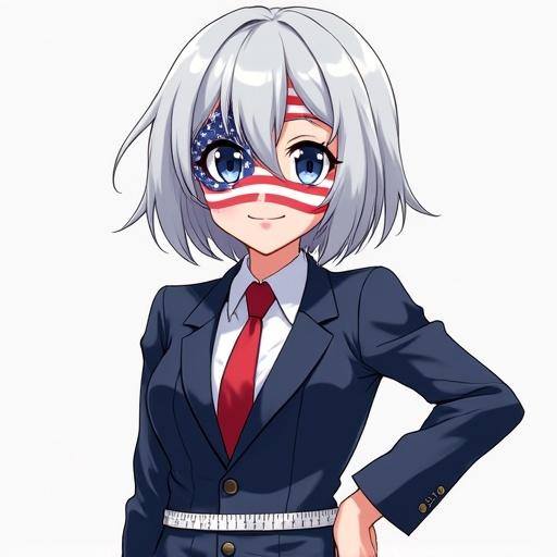 Anime girl in a dark blue business suit. Confident smirking face. Face painted with USA flag colors. Short white hair. Measuring tape around her bust.