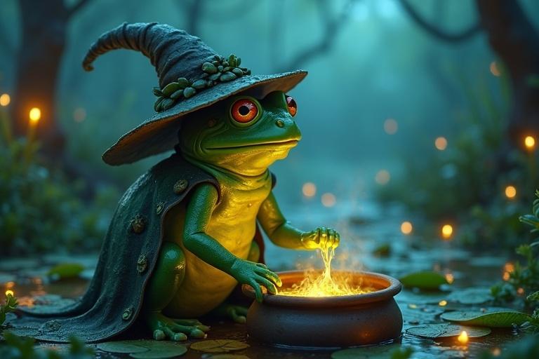 A frog wearing a witch's hat and a cape made of lily pads stirs a potion in a bubbling cauldron in a mysterious swamp. Fireflies and glowing plants enhance the enchanting atmosphere.