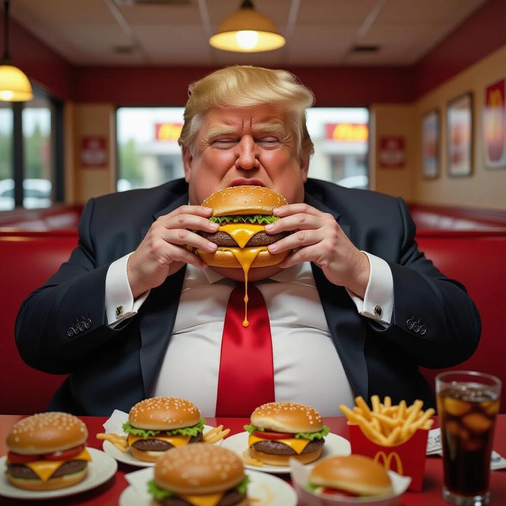 An overweight man in a business suit sits at a fast food restaurant. He holds a large cheeseburger. Sauce drips from the burger. The table is cluttered with burgers and fries. Indoor lighting is warm. The scene is humorous and detailed.