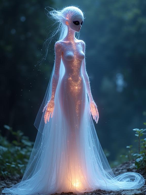Ephiria is a delicate and tall figure from Nimbus-7. The body is shimmering and translucent like smoky quartz. The figure glows softly with colors of lilac, indigo, and white. The elongated head lacks ears and has large black, starry eyes. Hands and feet have long flexible fingers with glowing tips. The figure moves gracefully, often levitating slightly. Robes are flowing, made from condensed light, adorned with glowing insects or crystals.