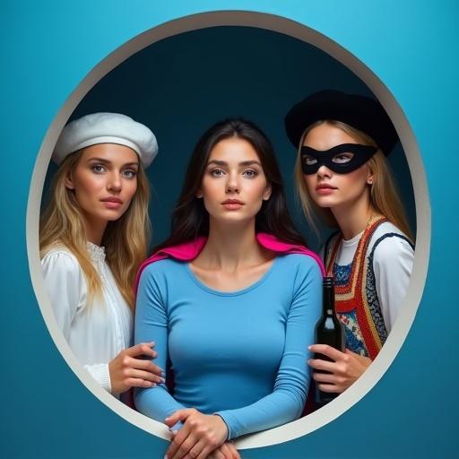 Three women appear from a circular opening against a blue background. The left woman wears a white beret and folk-style shirt. The center woman has long sleeves blue shirt and pink cape. The right woman wears a black beret and colorful folk-style shirt. All have similar expressions.